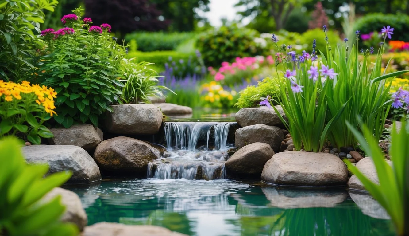 A serene garden pond surrounded by lush greenery and colorful flowers, with a gentle stream cascading over rocks into the tranquil water
