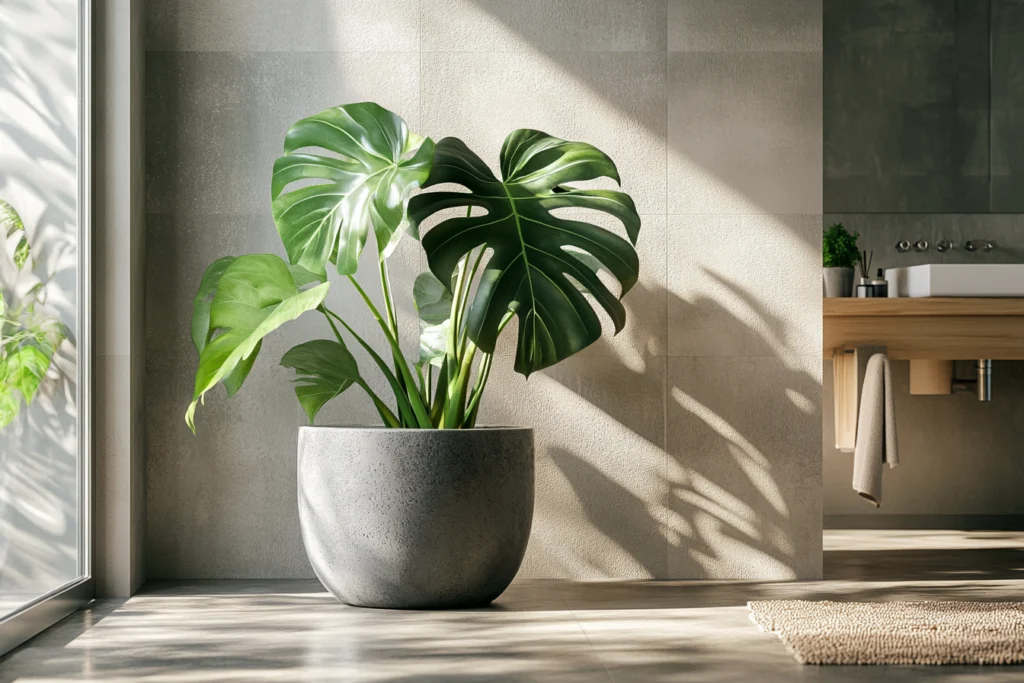 Monstera Pflanze in modernem Badezimmer