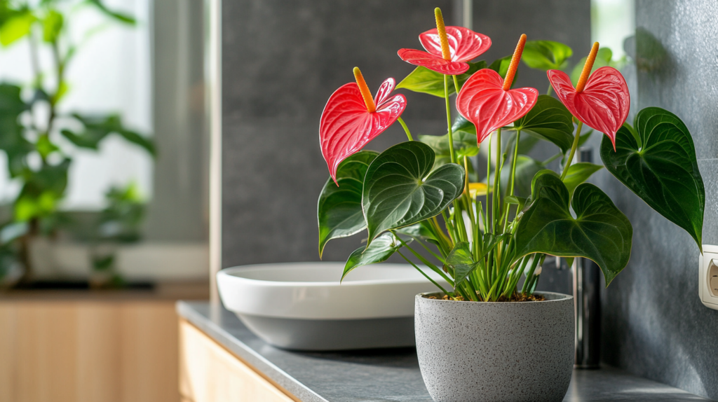 Rote Anthurie im Blumentopf auf grauem Tisch