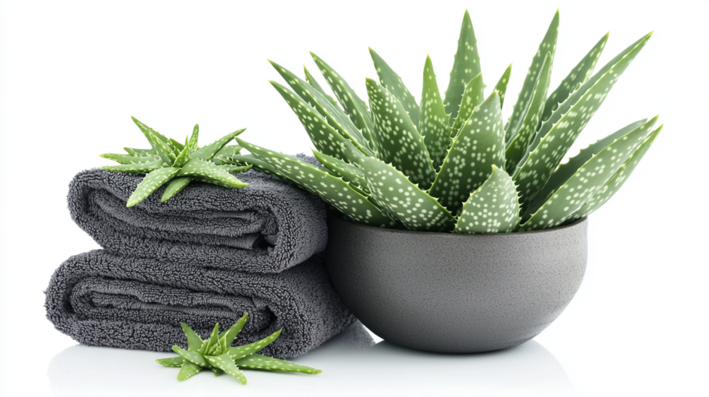 Aloe Vera Pflanze und Handtücher