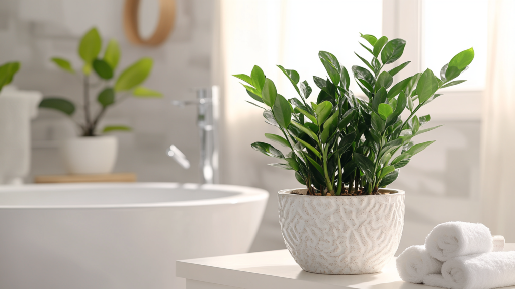 Zimmerpflanze im Badezimmer neben Badewanne