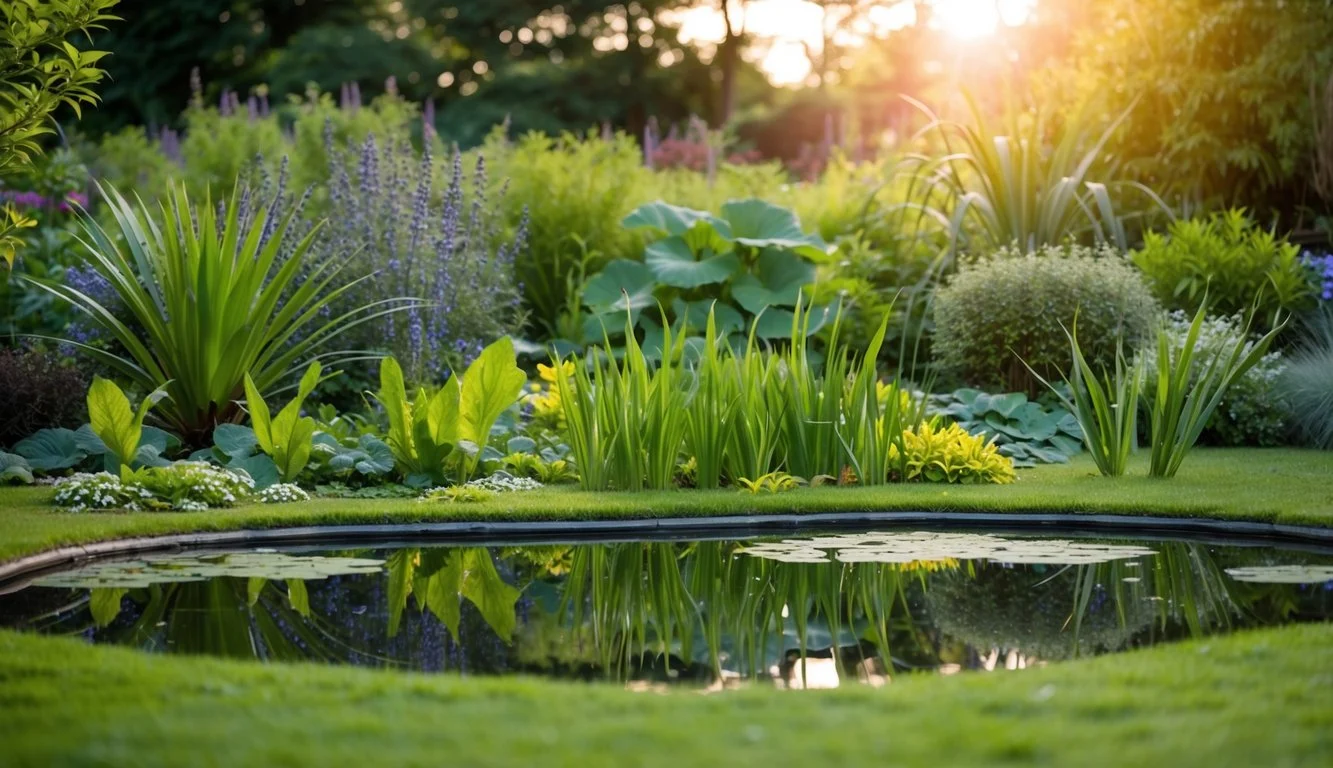 A serene garden pond, home to rare plant species, surrounded by lush vegetation and teeming with life
