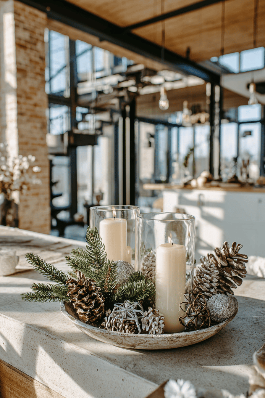 Moderner Adventsteller mit Kerzen, Tannenzweigen und Zapfen in heller Loftküche