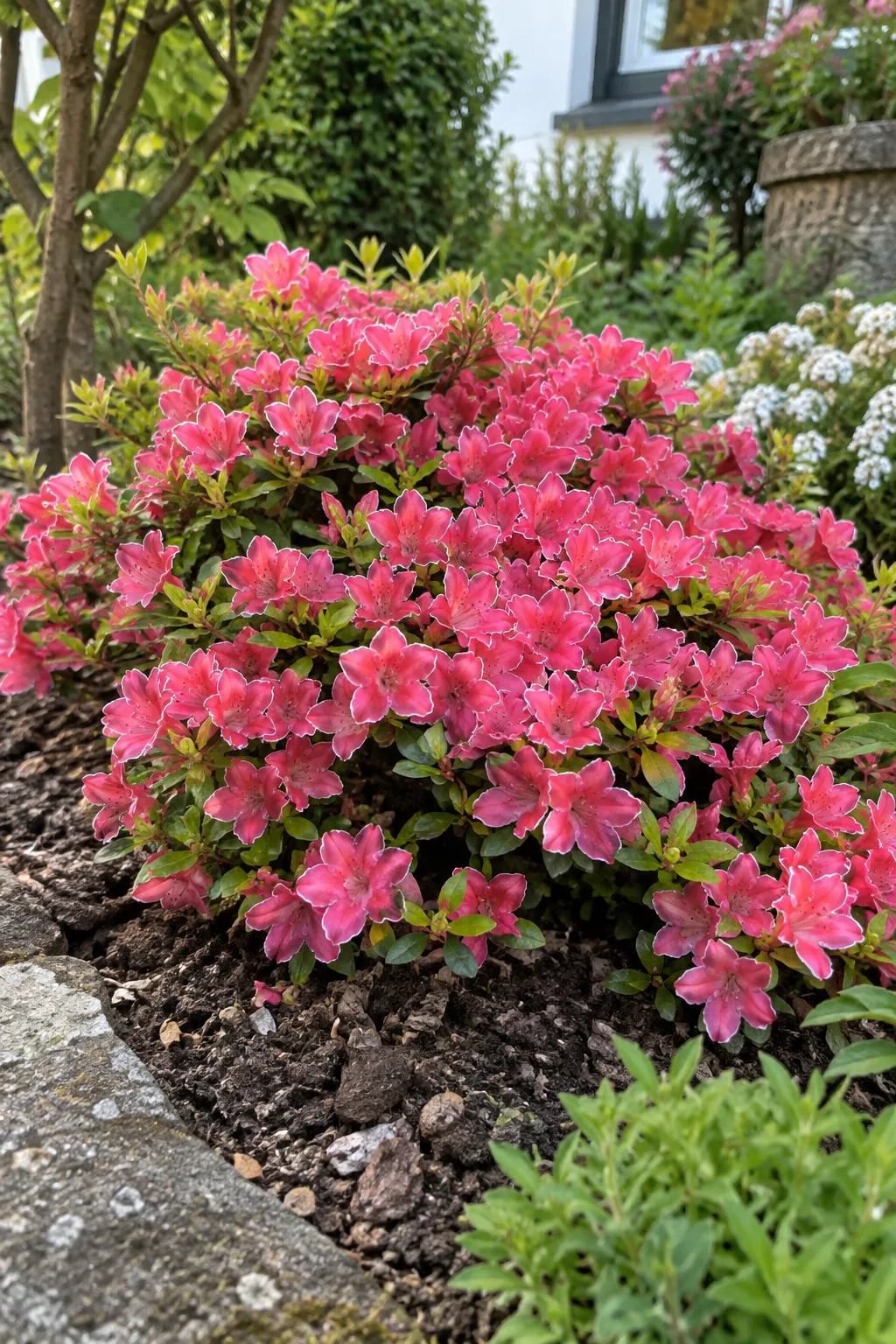 Kompakte Japanische Azalee, dicht bedeckt mit kleinen leuchtend rosa Trichterblüten, dazwischen kleine hellgrüne Blätter
