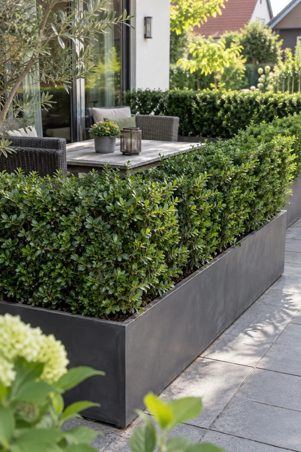 Langer, rechteckiger Pflanztrog auf einer Terrasse mit einer dicht geschnittenen, kniehohen Hecke aus Japanischer Hülse mit kleinen glänzenden Blättern