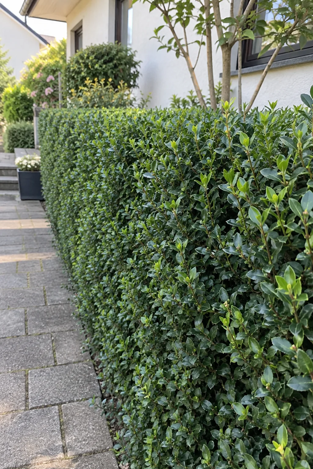 Schmale, dicht geschnittene Hecke aus Japanischer Hülse mit kleinen, glänzenden, ovalen Blättern an einem Vorgartenweg