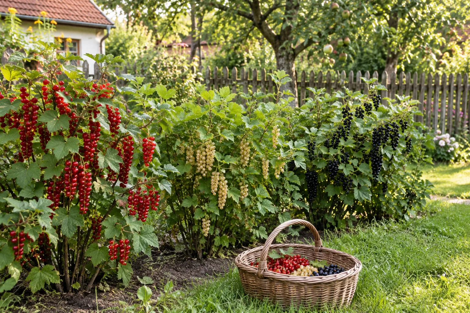 Reihe älterer Johannisbeersträucher im Bauerngarten im Juli, behangen mit langen Trauben roter, weißer und schwarzer Beeren, davor ein Weidenkorb im Gras