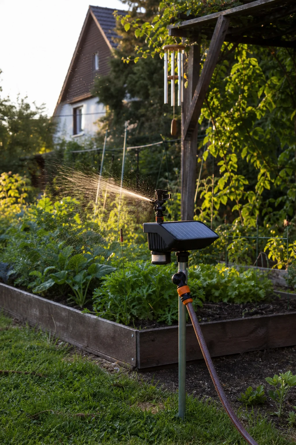 Bewegungsgesteuerter Garten-Sprinkler mit Solarpanel auf einem Erdspieß vor einem Gemüsebeet, daneben ein Windspiel an einer Pergola.