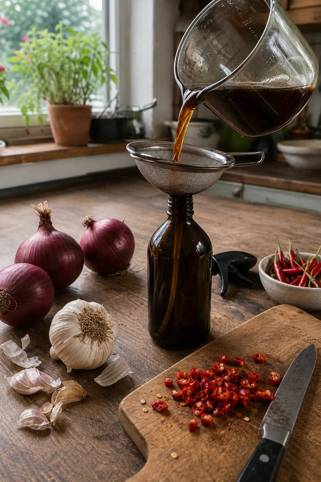 Knoblauch, Zwiebeln und Chilischoten neben einem Glaskrug mit dunklem Sud, der durch ein Sieb in eine Sprühflasche gefiltert wird.