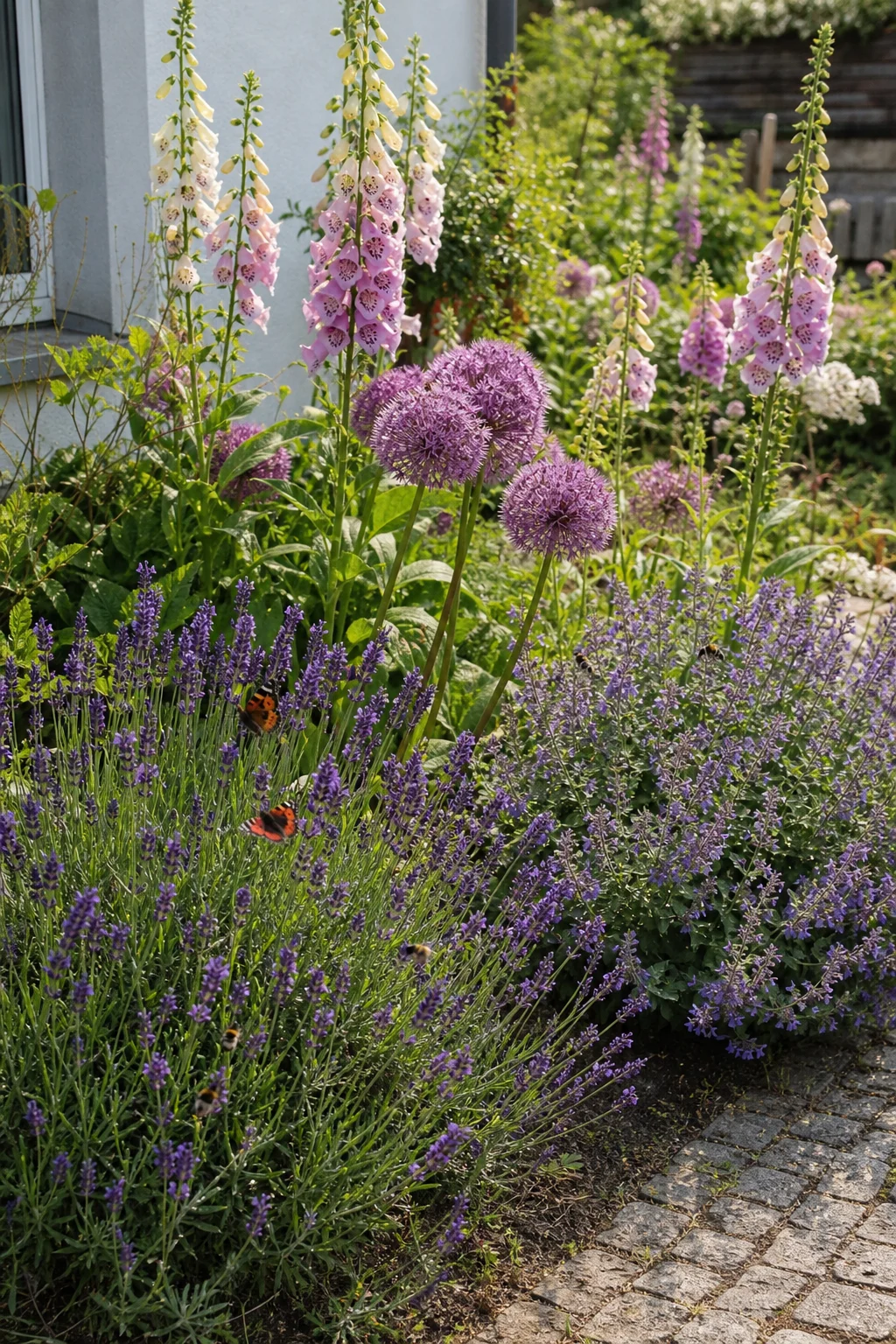 Gartenbeet mit blühendem Lavendel, Fingerhut, Zierlauch und Katzenminze, an dem Schmetterlinge und Bienen sammeln.