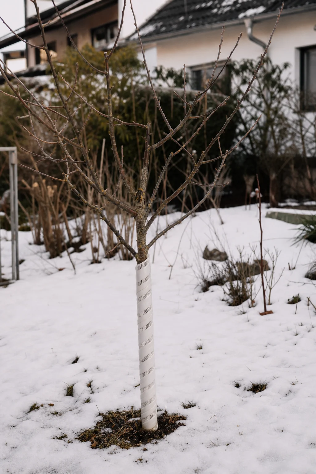 Junger Apfelbaum im Winter mit weißem Spiralschutz um den unteren Stamm gegen Verbiss durch Hasen und Wildkaninchen.
