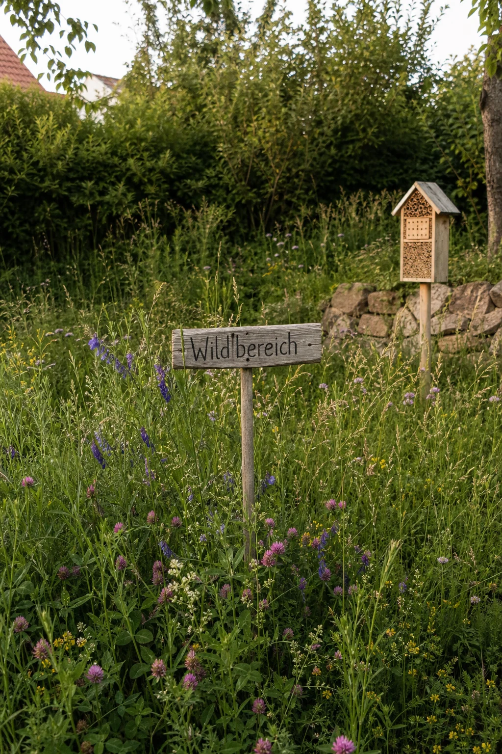 Kleiner Wildbereich am Rand eines Gartens mit Klee, Wicken und Wildblumen, dahinter Wildsträucher und ein Schild mit der Aufschrift Wildbereich.