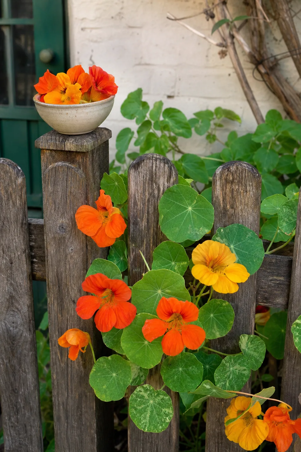 Kapuzinerkresse mit orangen und gelben Blüten rankt durch einen Holzzaun