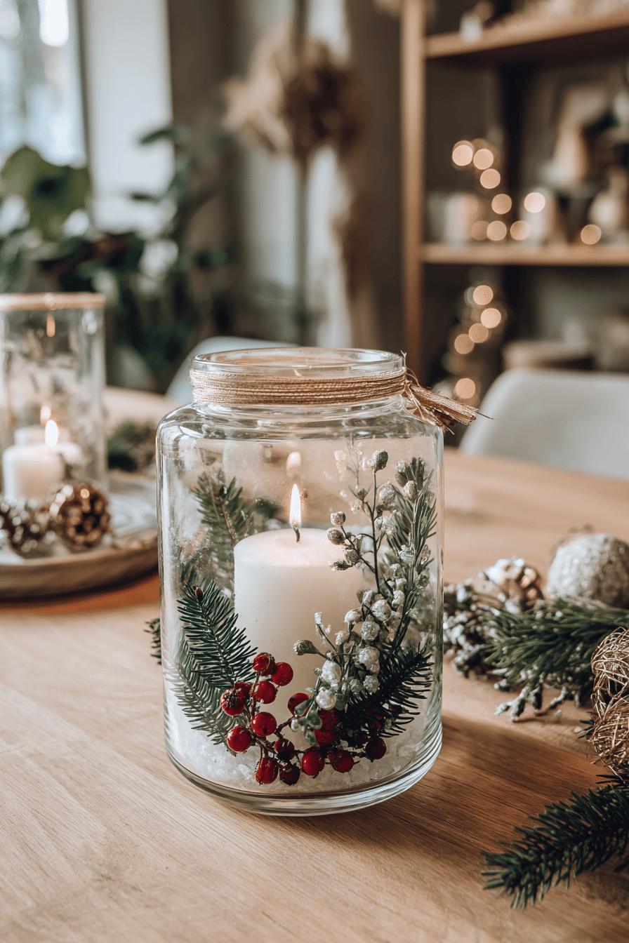 Weihnachtliche Kerzendeko im Glas mit Zweigen und Beeren