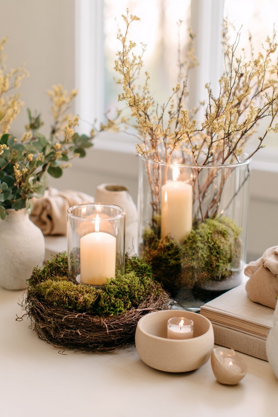 Stimmungsvolle Kerzenarrangements mit Moos, Zweigen und Naturmaterialien auf einem Tisch