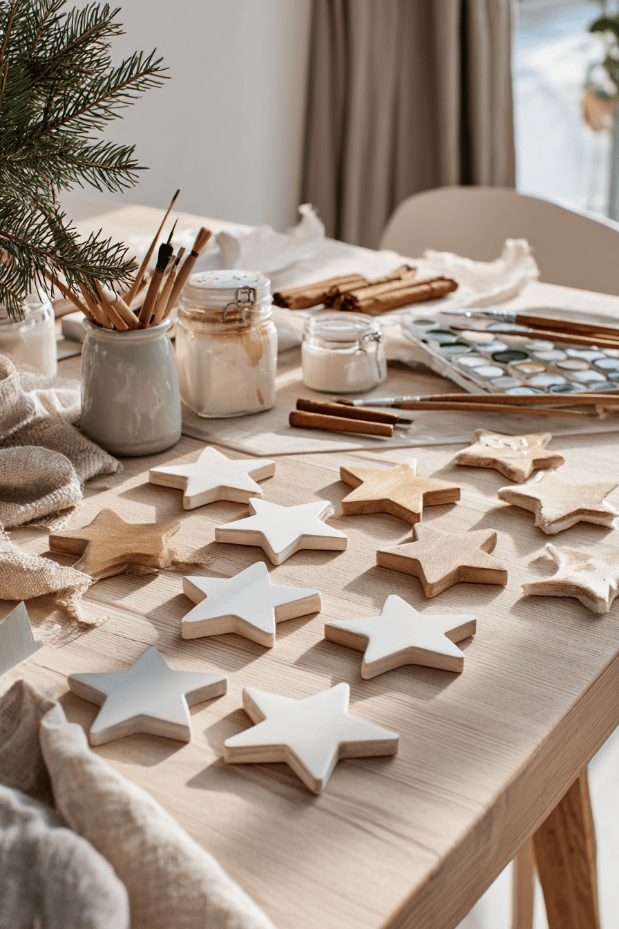 Unbemalte und weiße Holzsterne auf einem Holztisch mit Pinseln und Farben