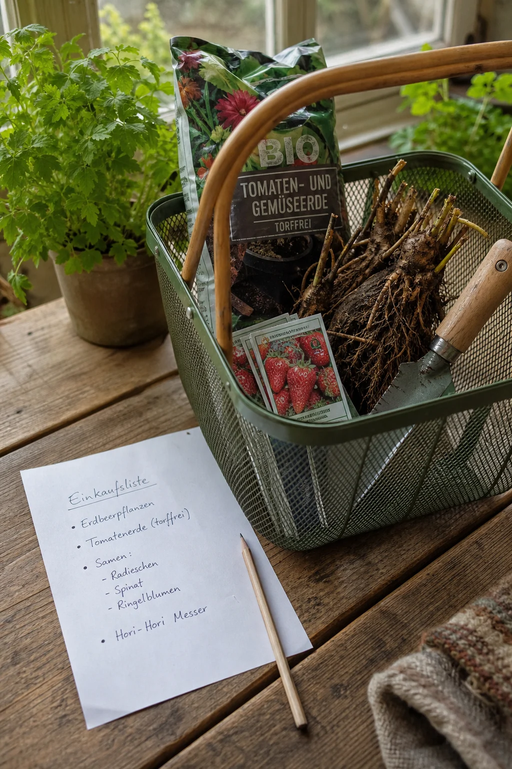 Eine handgeschriebene Einkaufsliste liegt neben einem Korb mit wurzelnackten Erdbeeren, torffreier Erde, Saatgut und einem Hori-Hori-Messer.