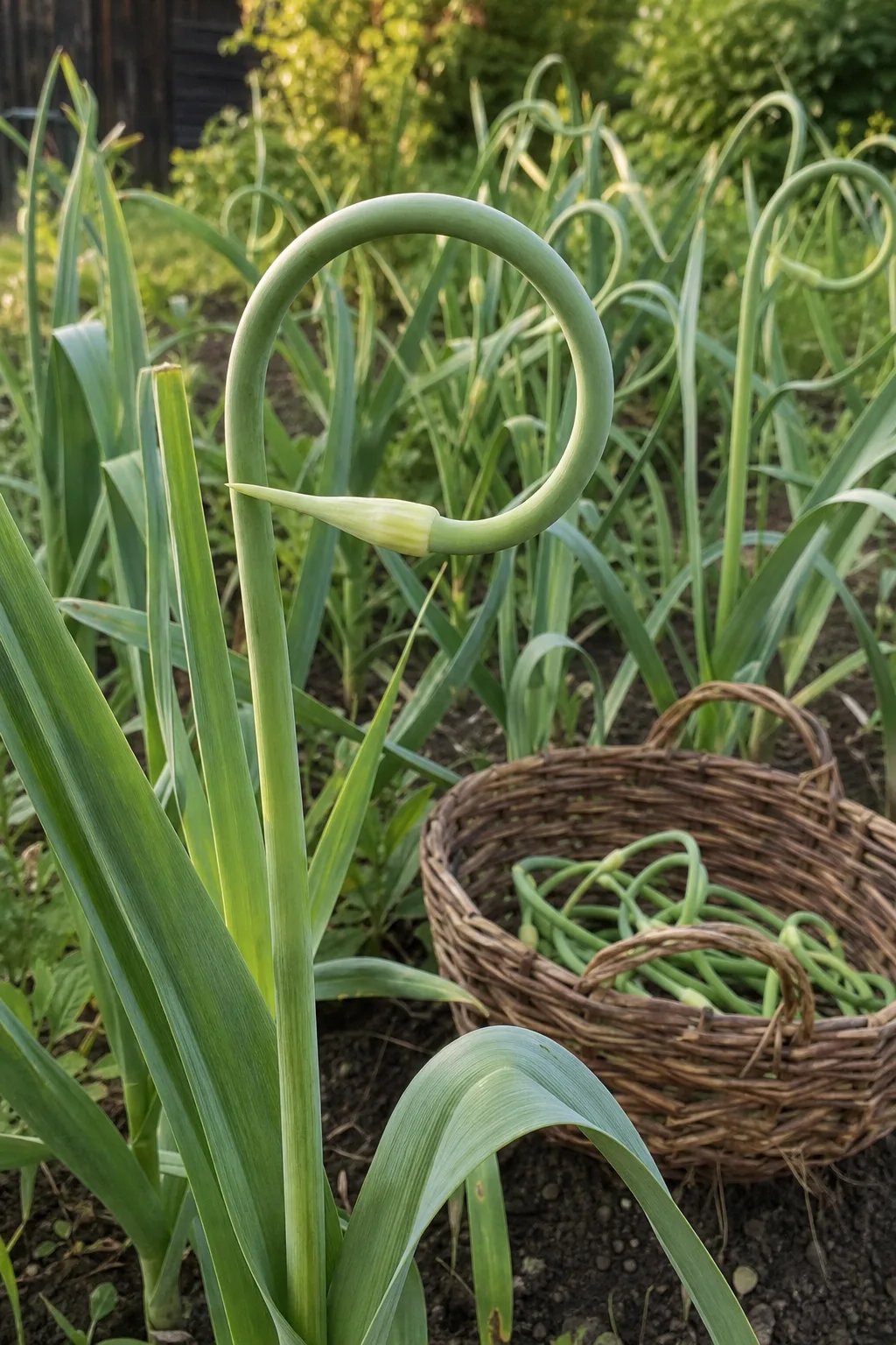 Knoblauch im Juni mit eingerolltem grünem Blütenschaft, daneben ein Korb mit abgebrochenen Schäften