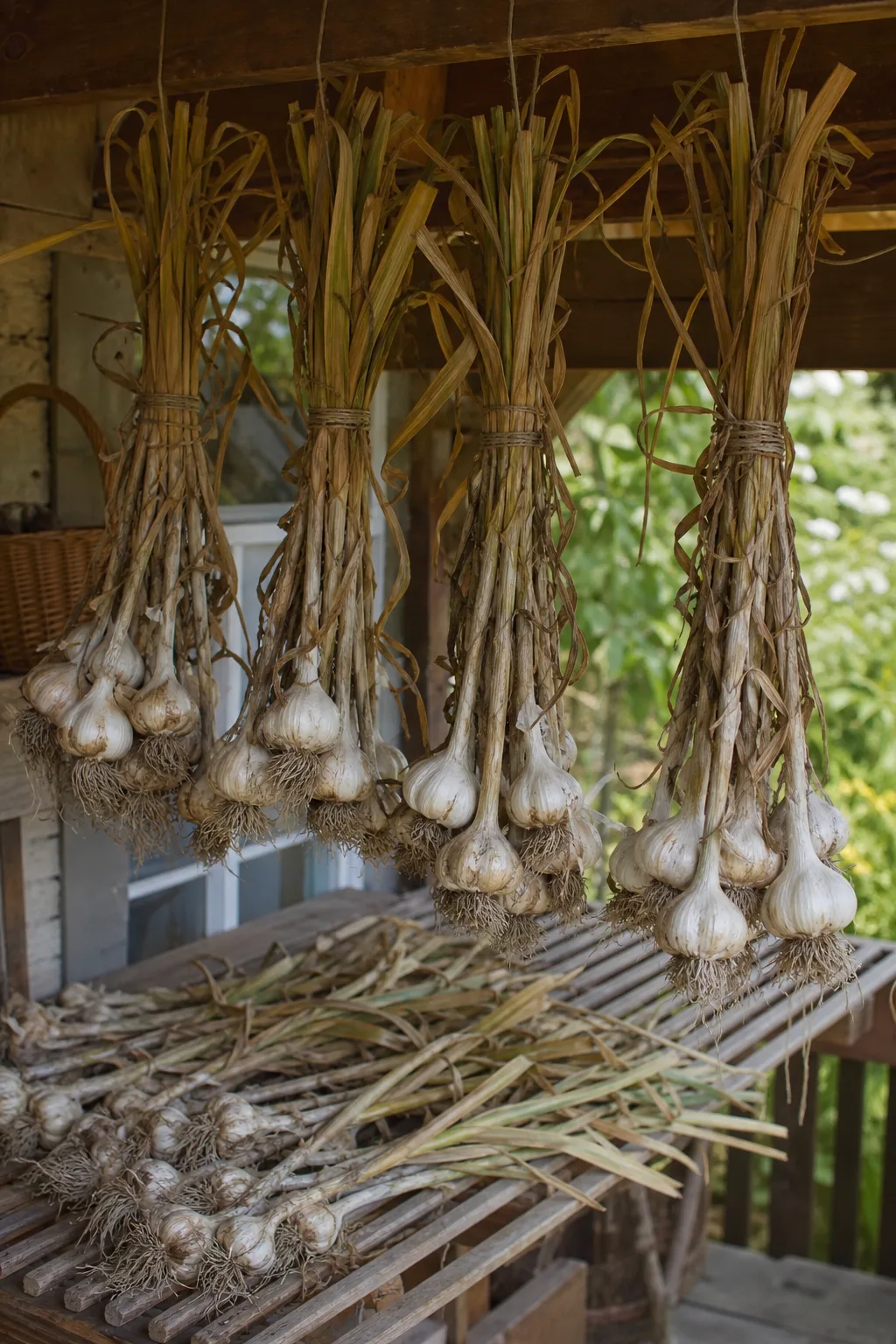 Knoblauchbündel mit Laub hängen kopfüber zum Trocknen in einem offenen Gartenschuppen