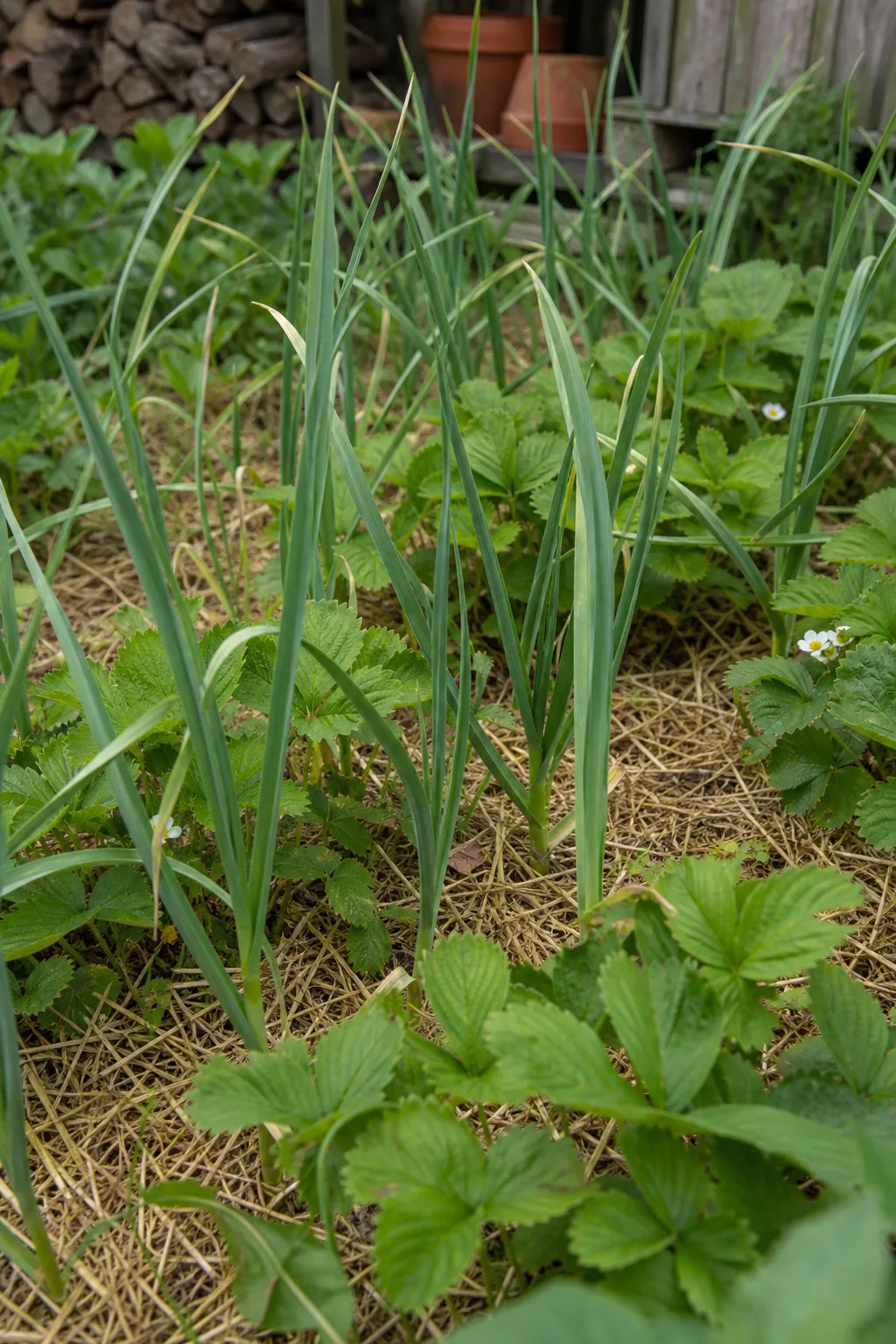 Knoblauch zwischen Erdbeerpflanzen in einem Beet, Stroh als Mulch um die Erdbeeren
