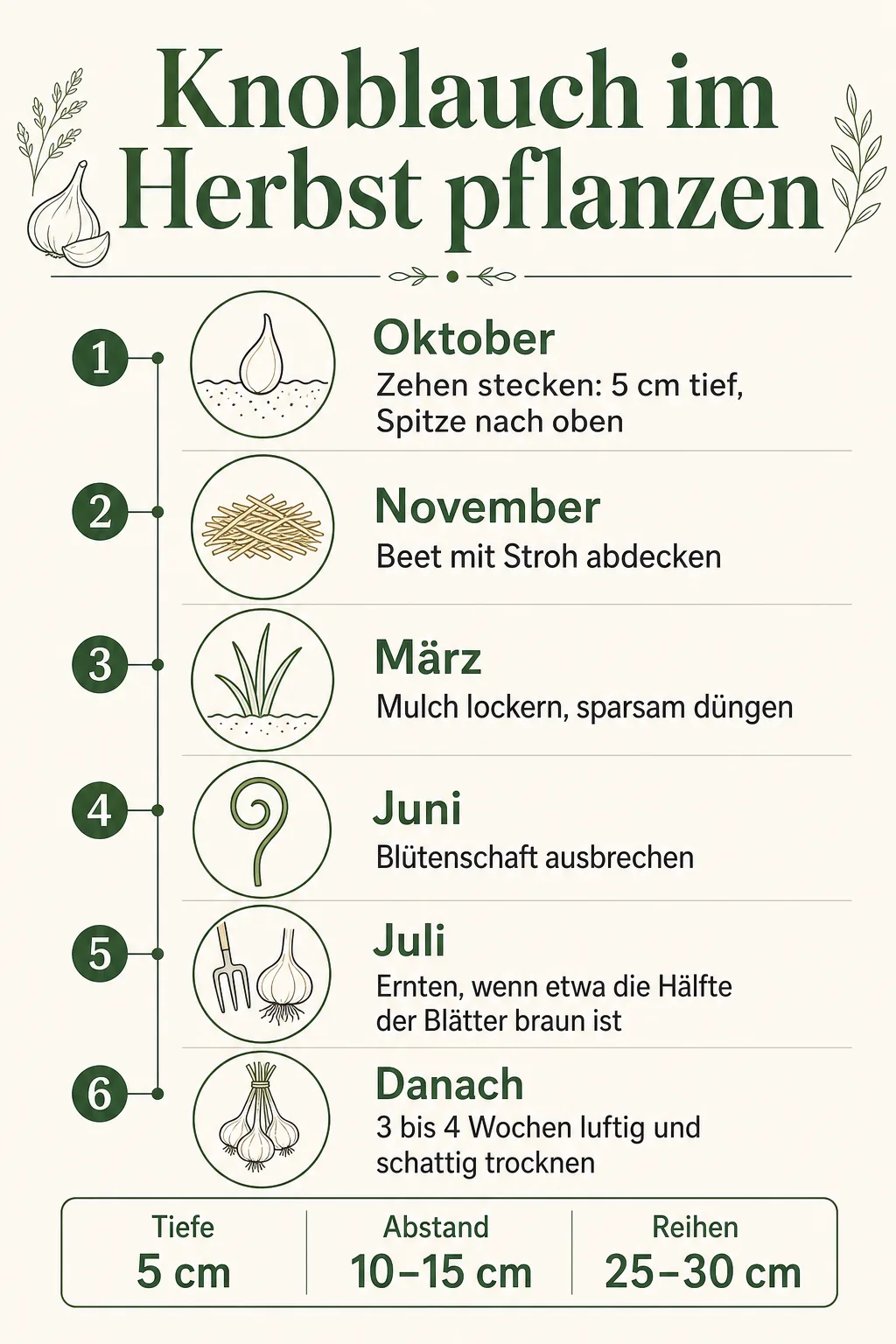 Infografik: Knoblauchjahr von Oktober bis Juli, dazu Tiefe 5 cm, Abstand 10–15 cm und Reihen 25–30 cm