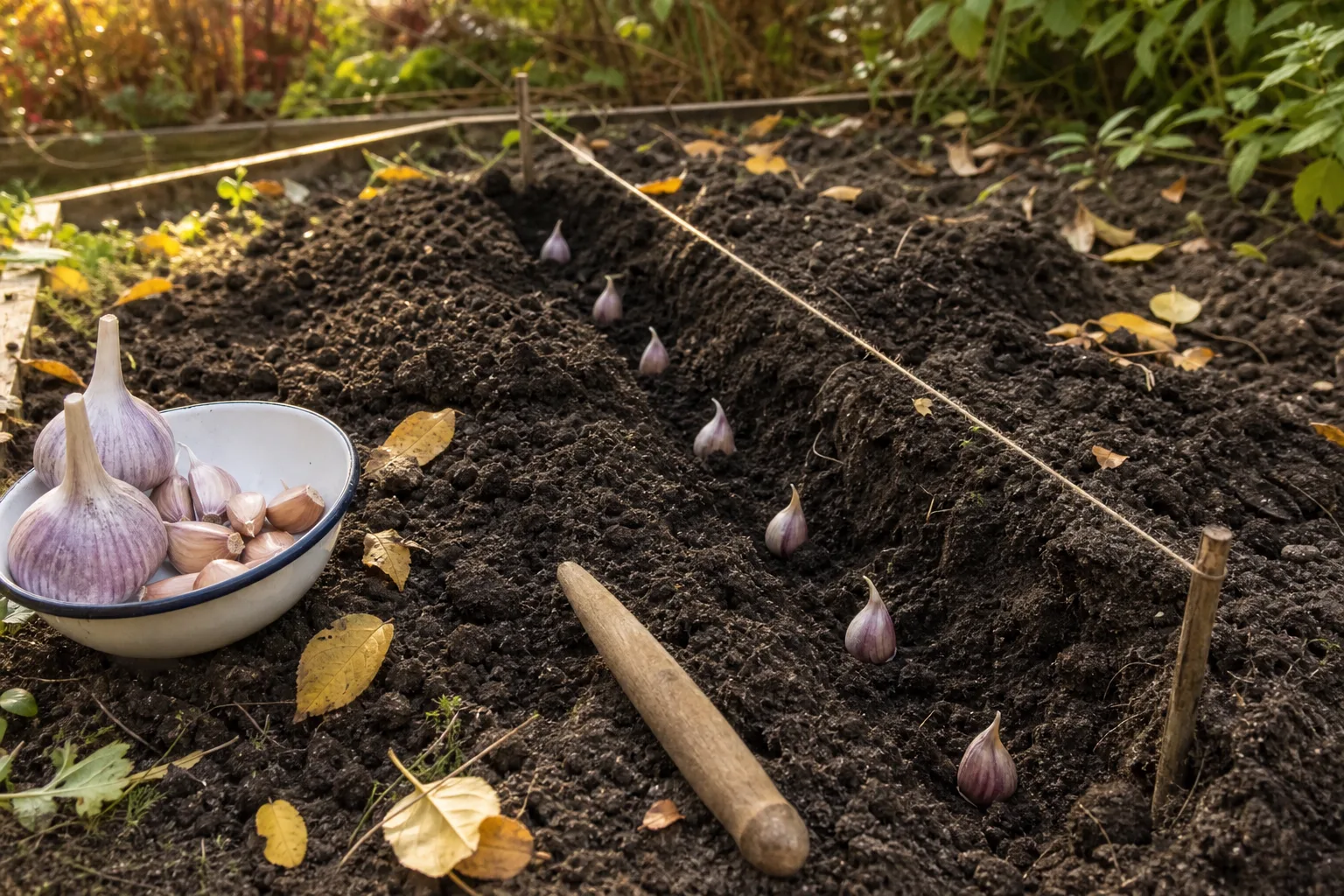 Gartenbeet im Oktober, in einer Pflanzfurche stehen Knoblauchzehen aufrecht, daneben eine Schale mit Knollen