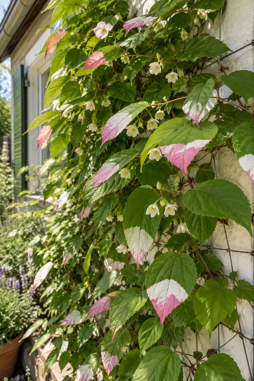 Kolomikta-Strahlengriffel an einer sonnigen Wand, die herzförmigen Blätter an der Spitze weiß und rosa gefärbt