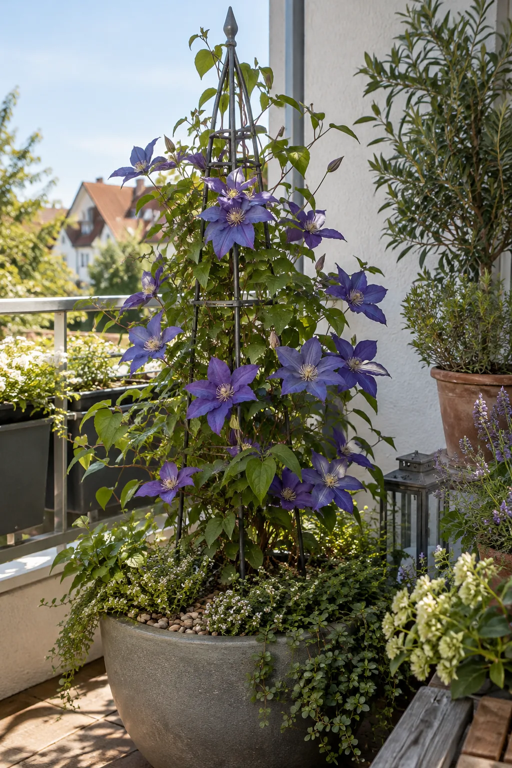 Kompakte Clematis in einem großen Kübel auf dem Balkon, an einem Obelisken mit violettblauen Blüten, die Topferde mit Kies abgedeckt