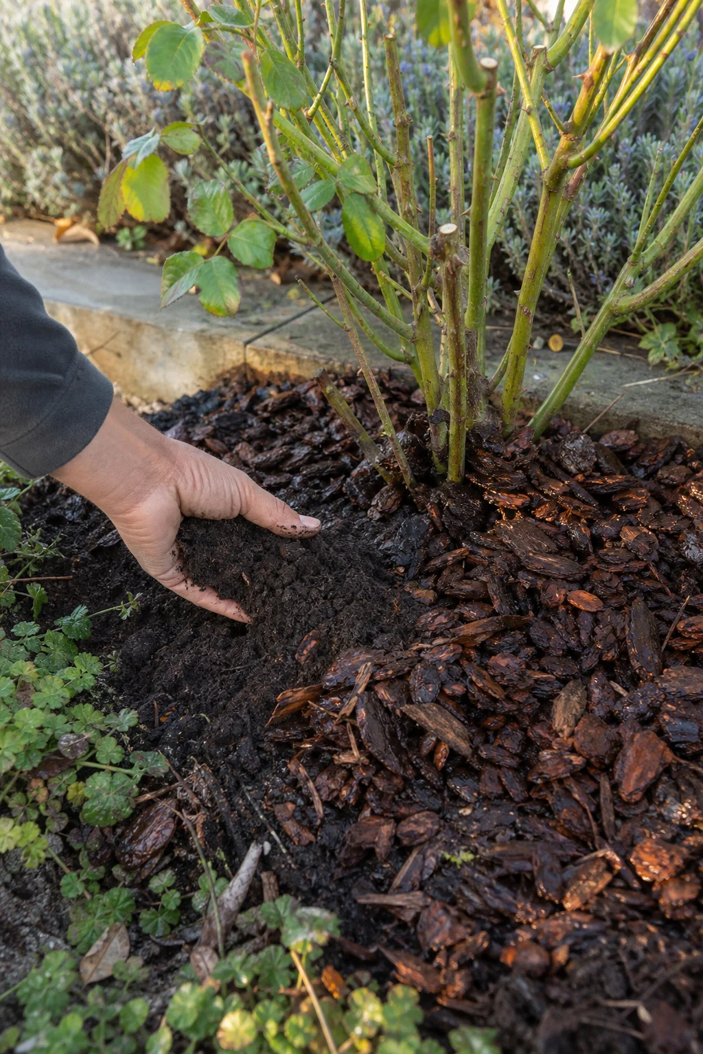 Eine Hand verteilt reifen dunklen Kompost und Rindenmulch um die Basis eines Rosenstrauchs, der Boden ist gerade angegossen.