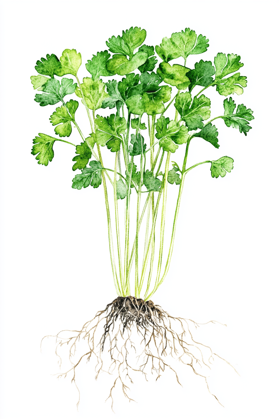 Illustration einer Korianderpflanze mit grünem Laub und Wurzeln.