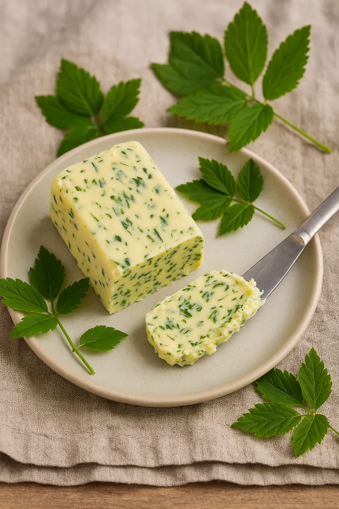 Kräuterbutter auf Teller mit Messer und Blättern