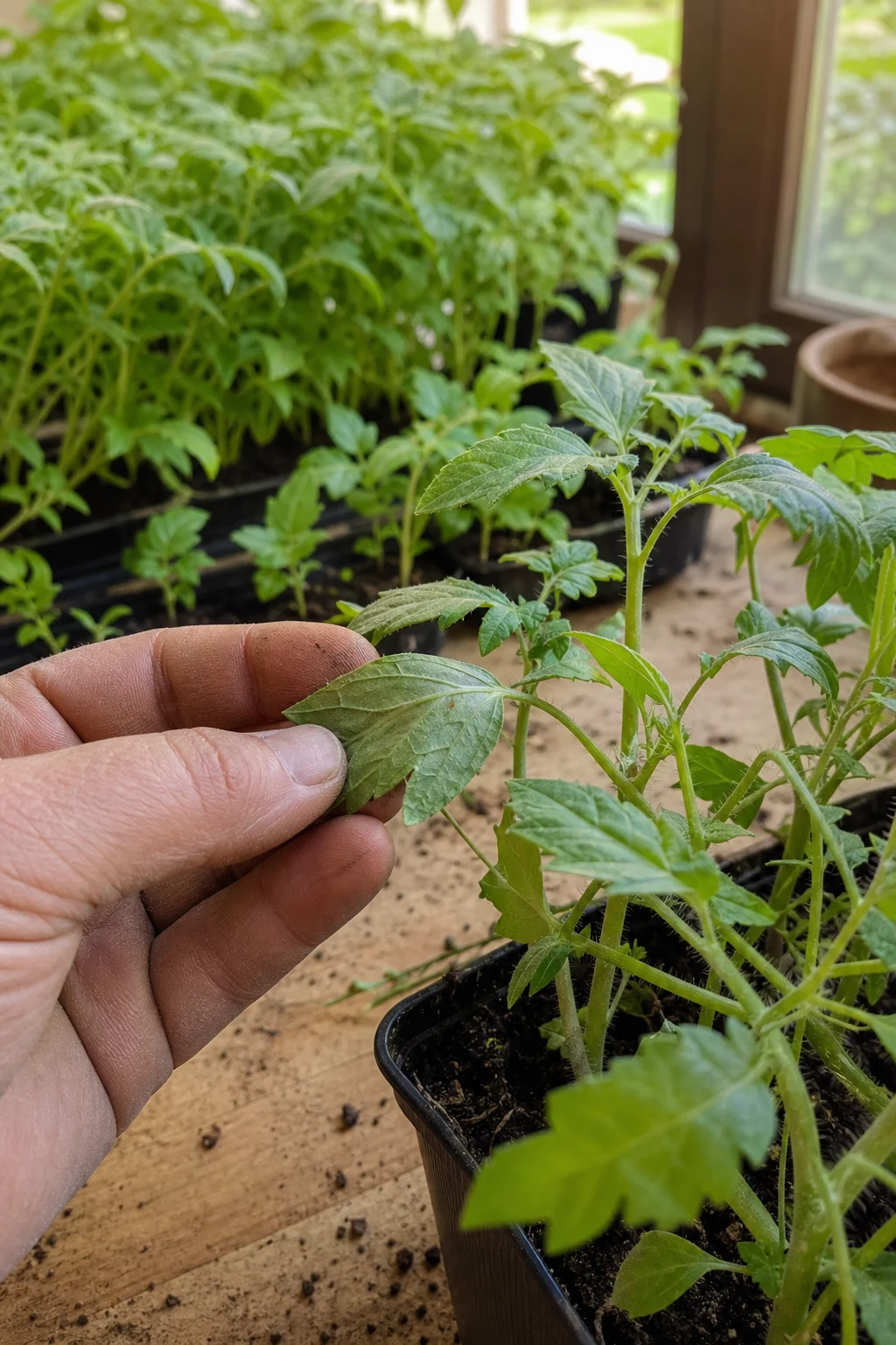 Eine Gärtnerin dreht ein Tomatenblatt um und prüft Blattunterseite und Stiel auf Flecken, Läuse und gelbe Stellen.
