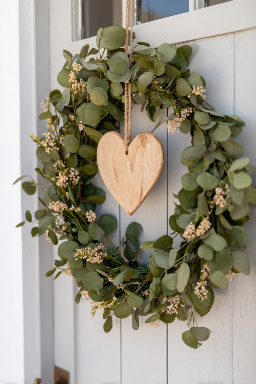 Frühlingskranz mit Holzherz und Blumen für die Haustür