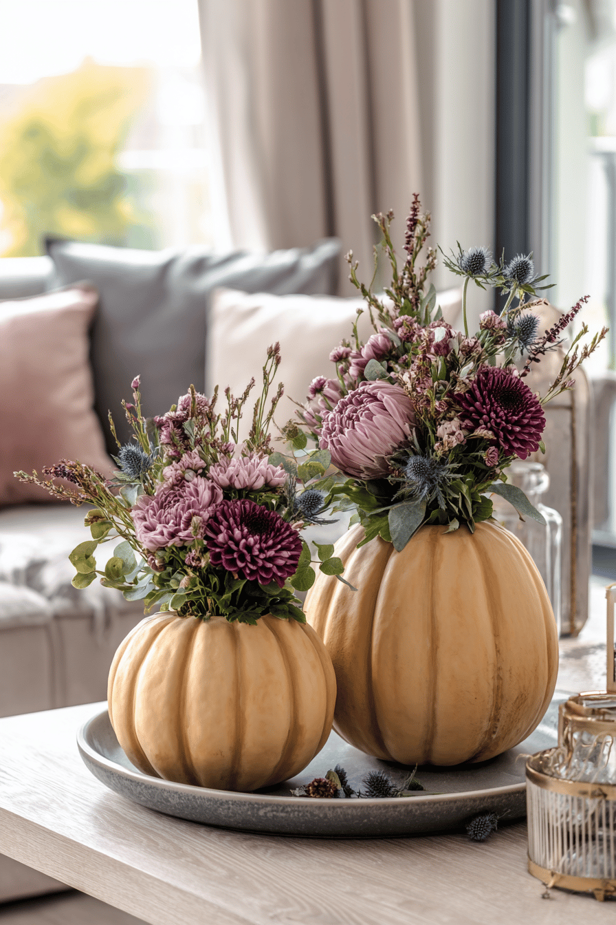 Zwei Kürbisse als Vasen mit herbstlichen Blumensträußen auf einem Tisch.