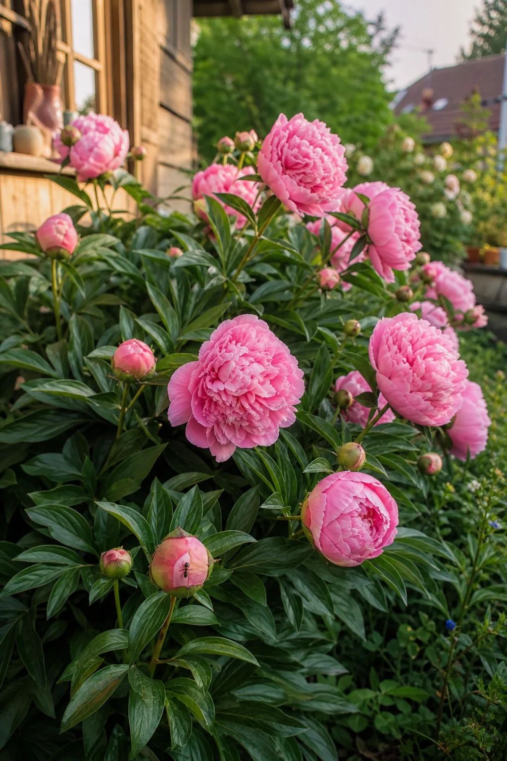 Pfingstrose mit großen rosa gefüllten Blüten und glänzendem Laub im Frühsommer.