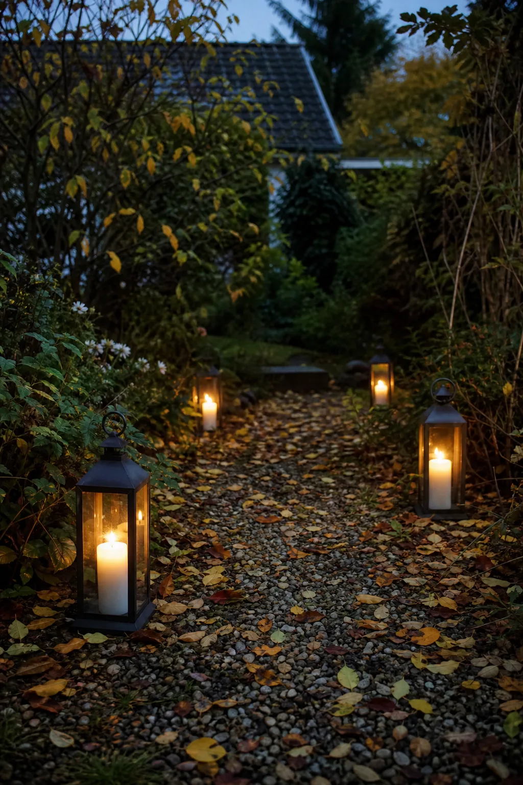 Laternen mit brennenden Kerzen zu beiden Seiten eines Kieswegs im Garten, Laub auf dem Boden, Dämmerung