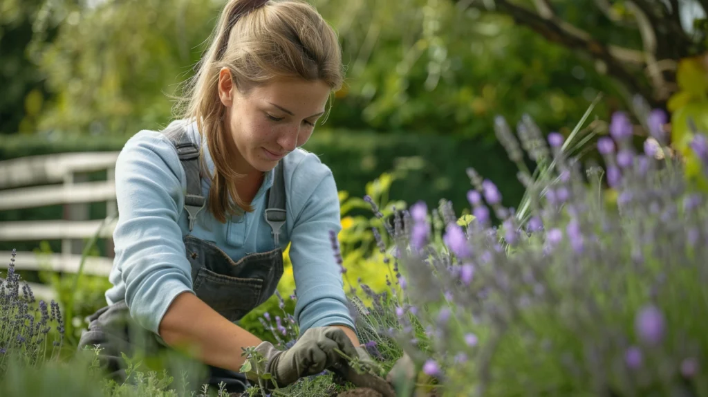 Frau arbeitet im blühenden Garten.