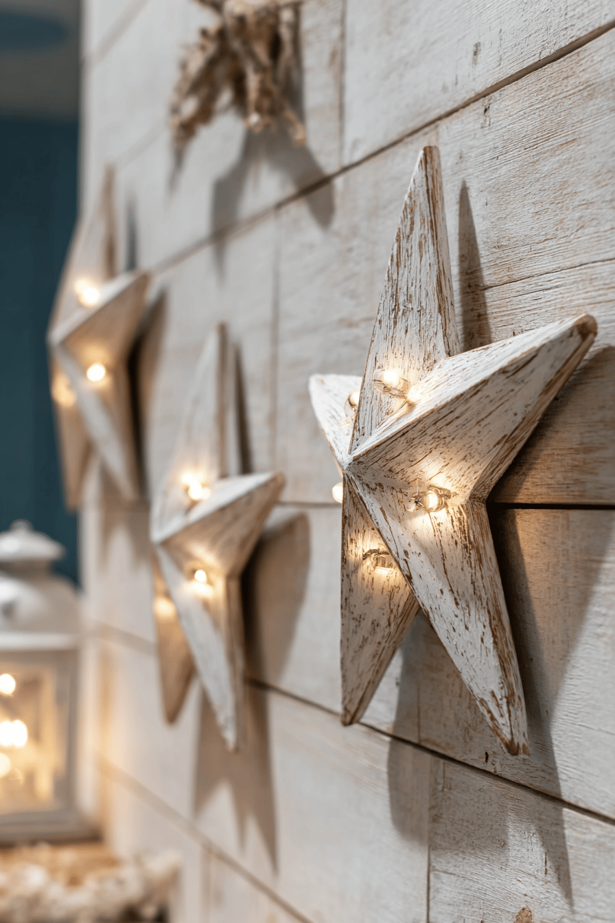 LED-beleuchtete Holzsterne an einer Wand montiert.