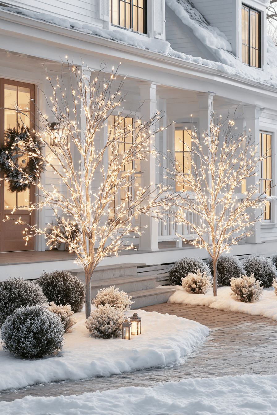 Vorgarten mit schneebedeckten LED-Lichterbäumen vor einem Haus