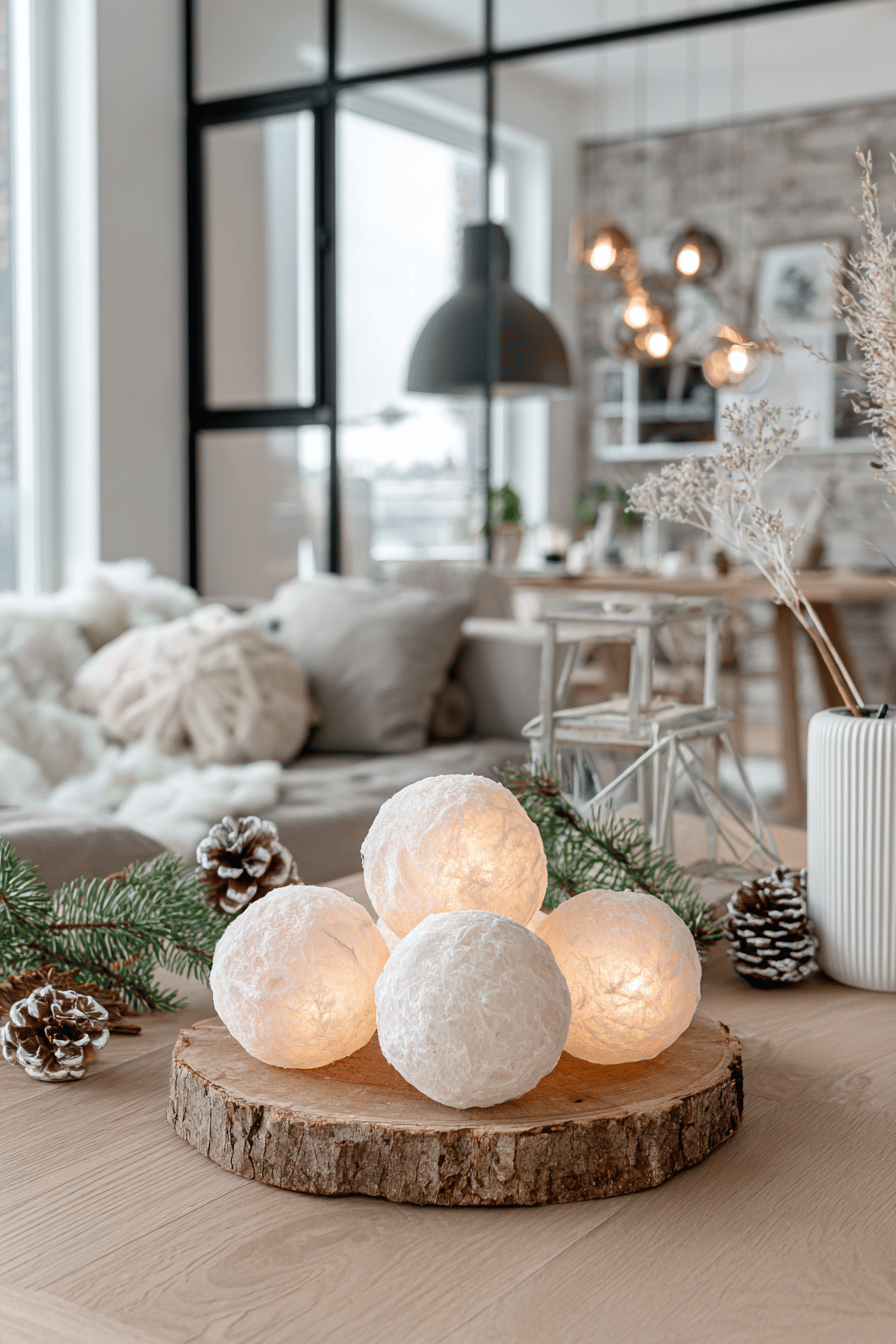 Fünf leuchtende Schneebälle als Weihnachtsdeko auf Holzplatte