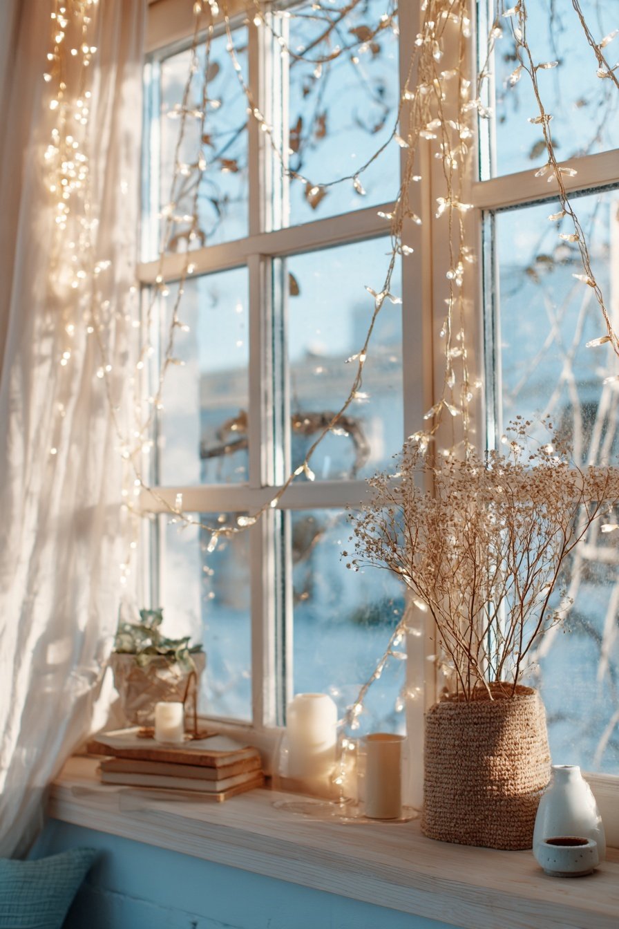 Winterlich dekoriertes Fenster mit Lichterketten, Kerzen und Trockenblumen