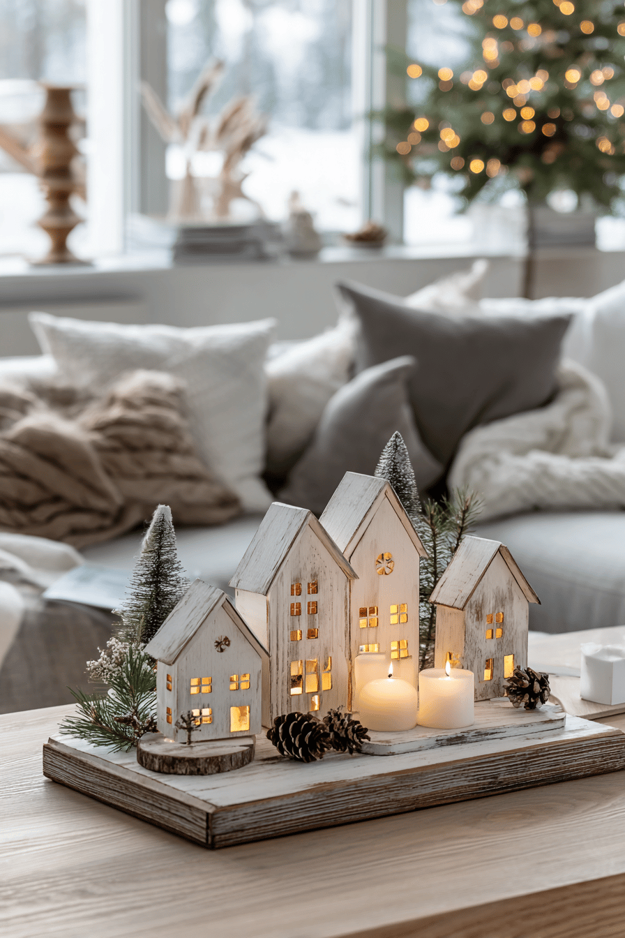 Dekorative Holzlichthäuser mit Kerzen auf einem Tisch im weihnachtlich geschmückten Wohnzimmer