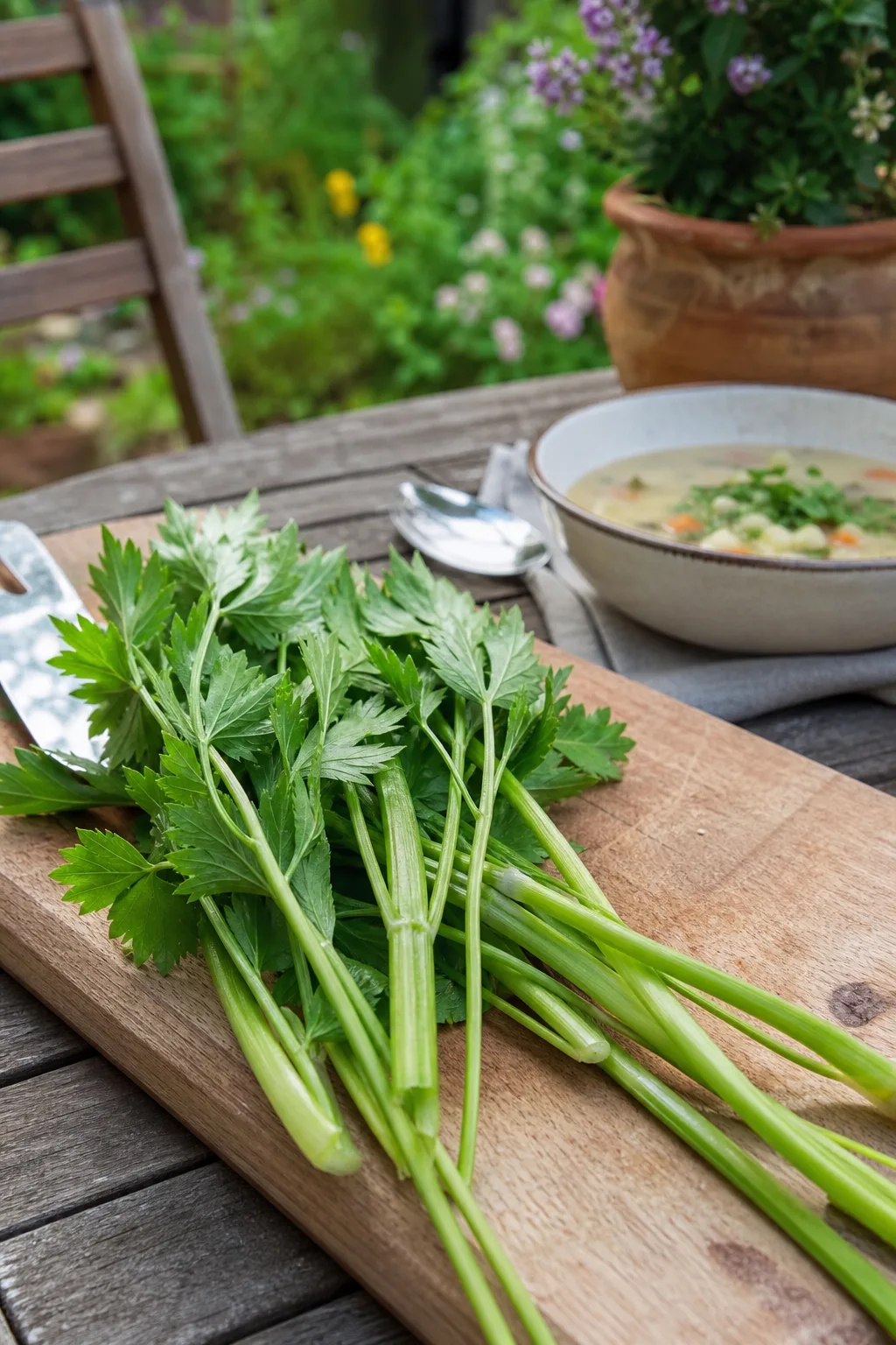 Frisch geschnittene Liebstöckelstängel und -blätter auf einem Holzbrett neben einer Schüssel Suppe