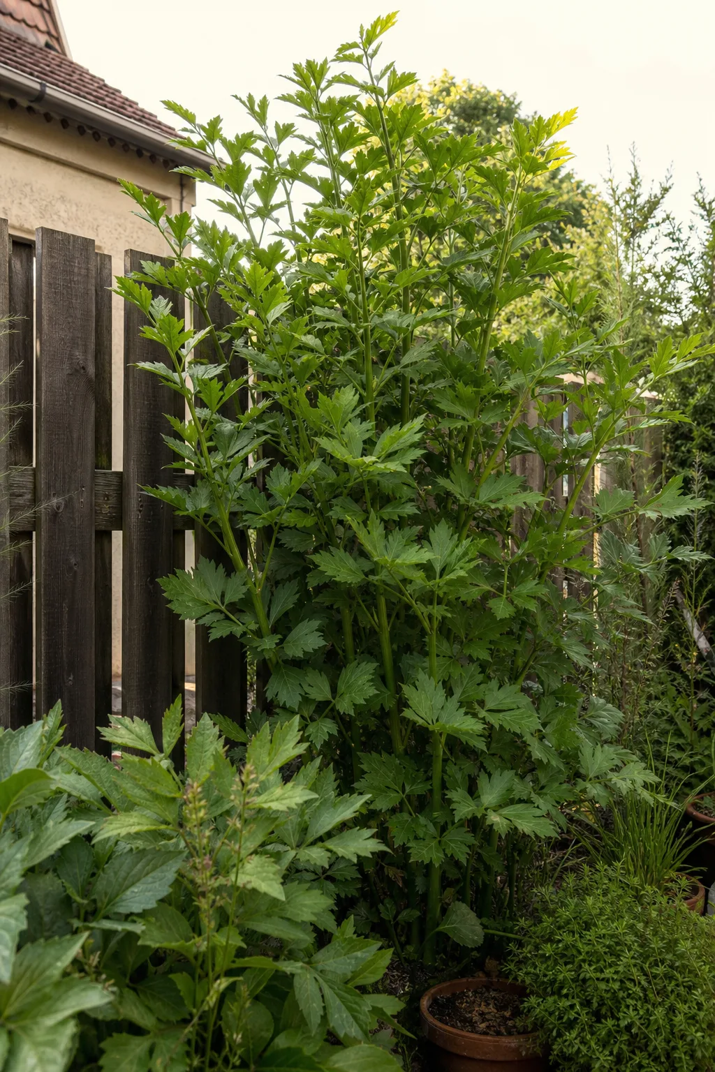 Ausgewachsene Liebstöckelstaude, fast zwei Meter hoch, neben einem Gartenzaun als Größenvergleich