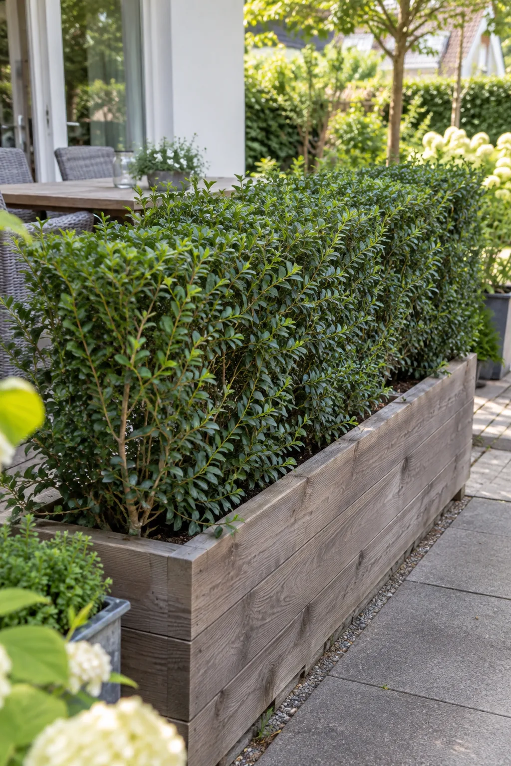 Rechteckiger Holztrog mit einer schmal geschnittenen, brusthohen Ligusterhecke als Raumteiler zwischen zwei Terrassenbereichen