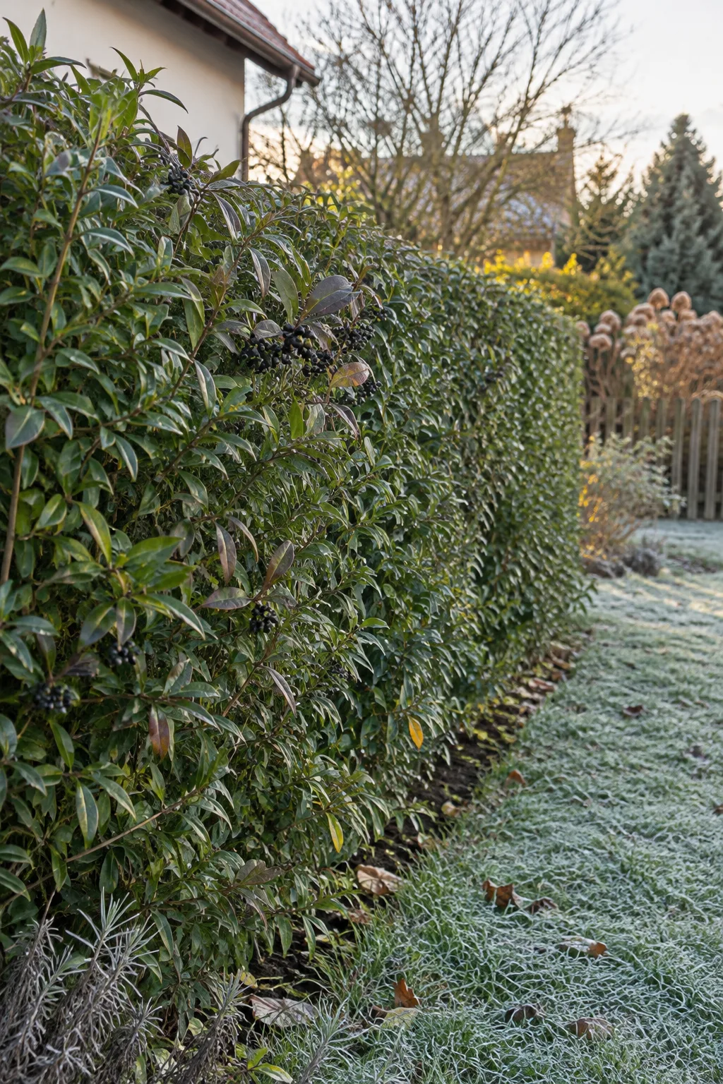 Schmal geschnittene Ligusterhecke mit kleinen, länglichen, dunkelgrünen Blättern an einem Gartenzaun an einem Wintermorgen