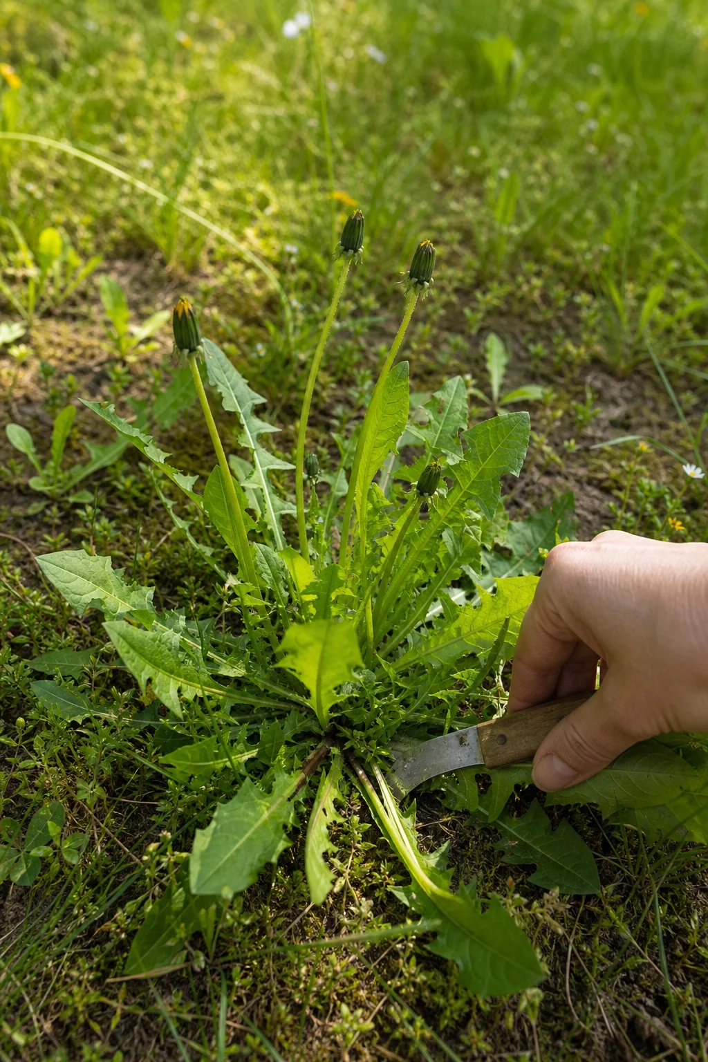 Junge Löwenzahnpflanzen auf einer unbehandelten Wiese, Grundrosette mit geschlossenen Knospen, eine Hand erntet äußere Blätter mit dem Messer.
