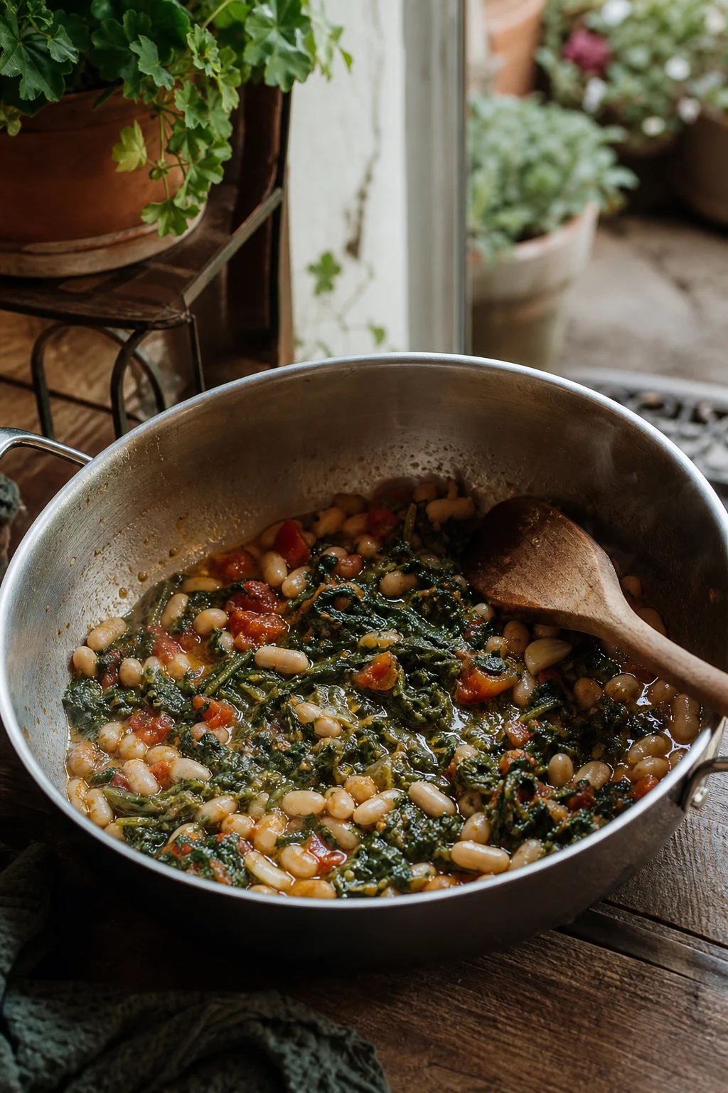 Tiefe Pfanne mit weißen Cannellini-Bohnen, gedünsteten Löwenzahnblättern, Knoblauch und Tomatenstücken in Olivenöl, Holzlöffel am Pfannenrand im Abendlicht.