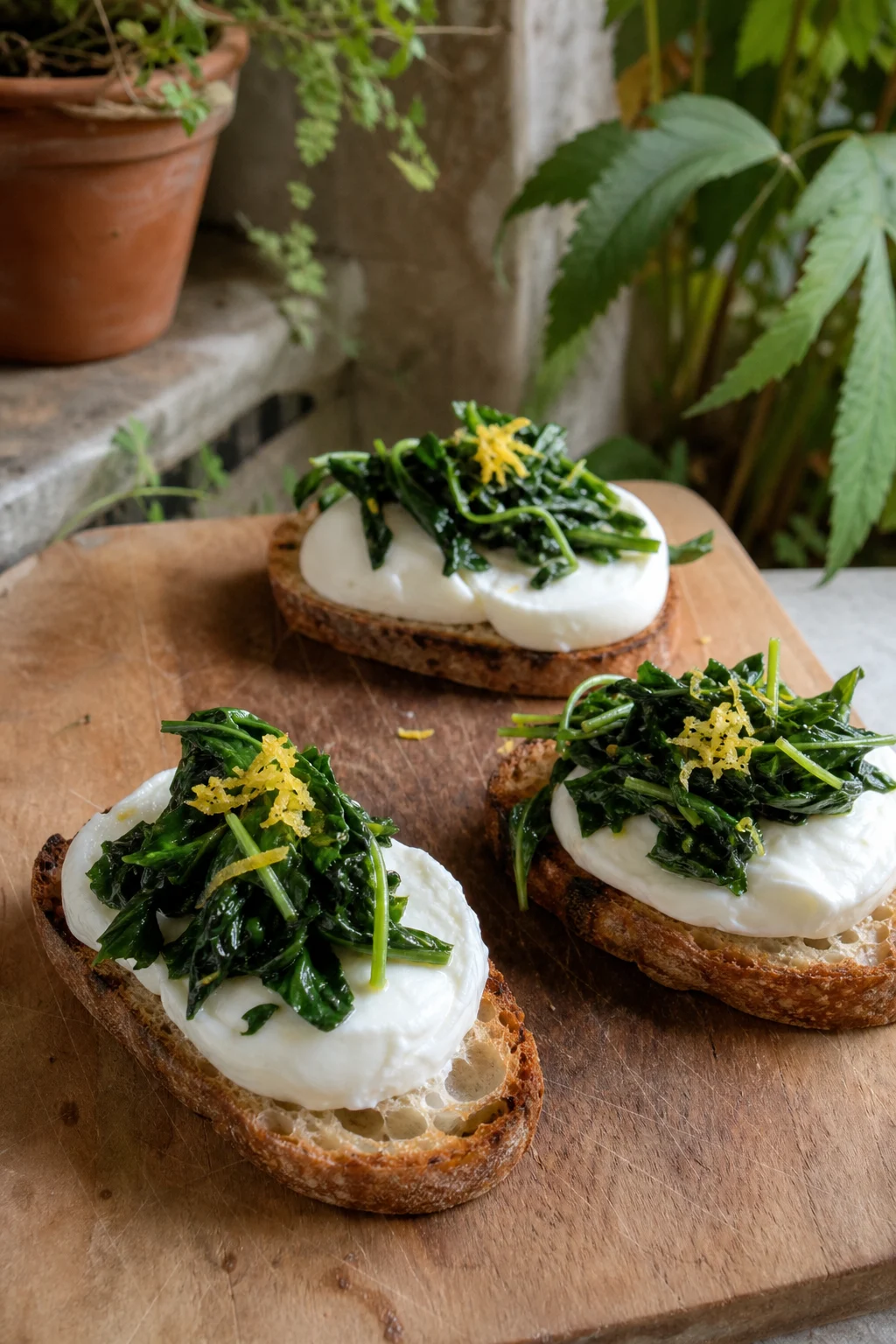 Drei rustikale Crostini auf einem Holzbrett, jeweils mit Büffelmozzarella, kurz angebratenen Löwenzahnblättern und Zitronenabrieb belegt.