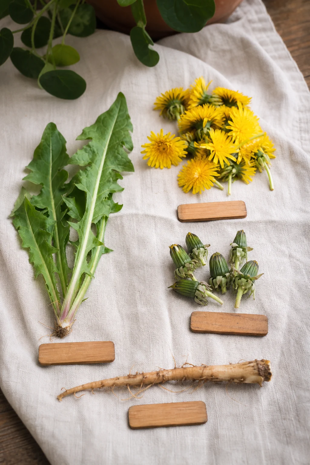 Eine ganze Löwenzahnpflanze ist auf einem Leinentuch in ihre essbaren Teile zerlegt — Blätter, gelbe Blüten, geschlossene Knospen, gewaschene Pfahlwurzel — jeder Teil mit kleinem Holzschild beschriftet.